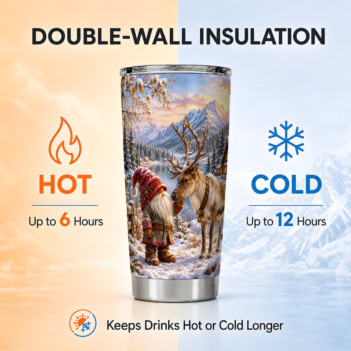 Gnome Reindeer Tumbler 20oz, Snowy Tumbler, Stainless Steel Travel Cup