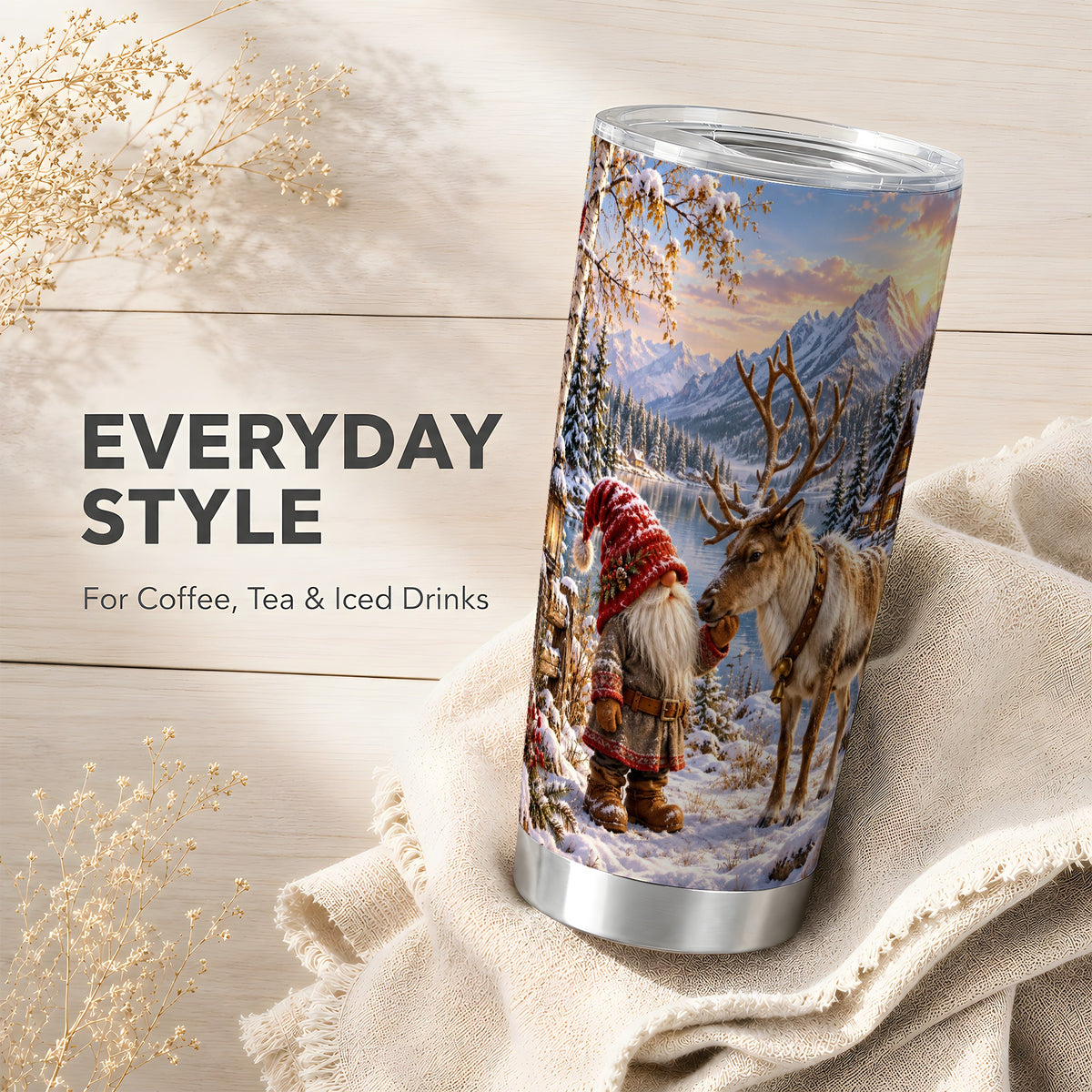Gnome Reindeer Tumbler 20oz, Snowy Tumbler, Stainless Steel Travel Cup