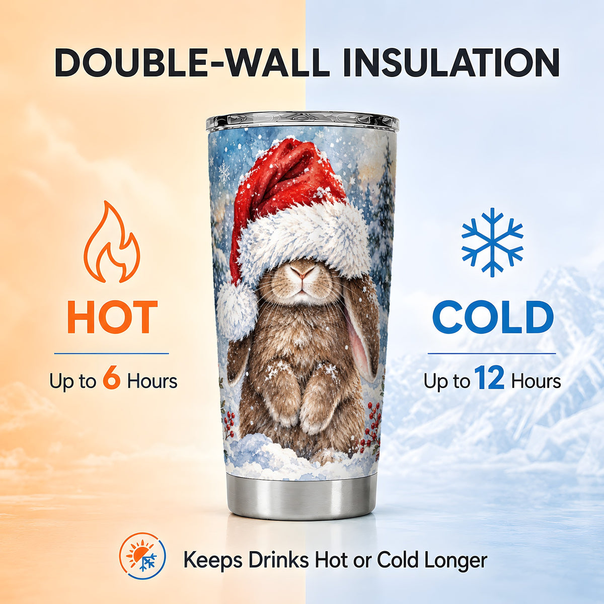Winter Bunny Tumbler 20oz, Santa Hat Tumbler, Stainless Steel Travel Cup
