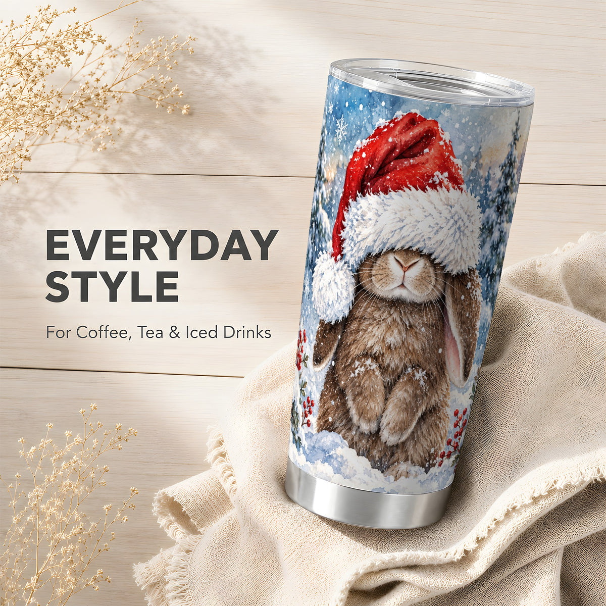 Winter Bunny Tumbler 20oz, Santa Hat Tumbler, Stainless Steel Travel Cup