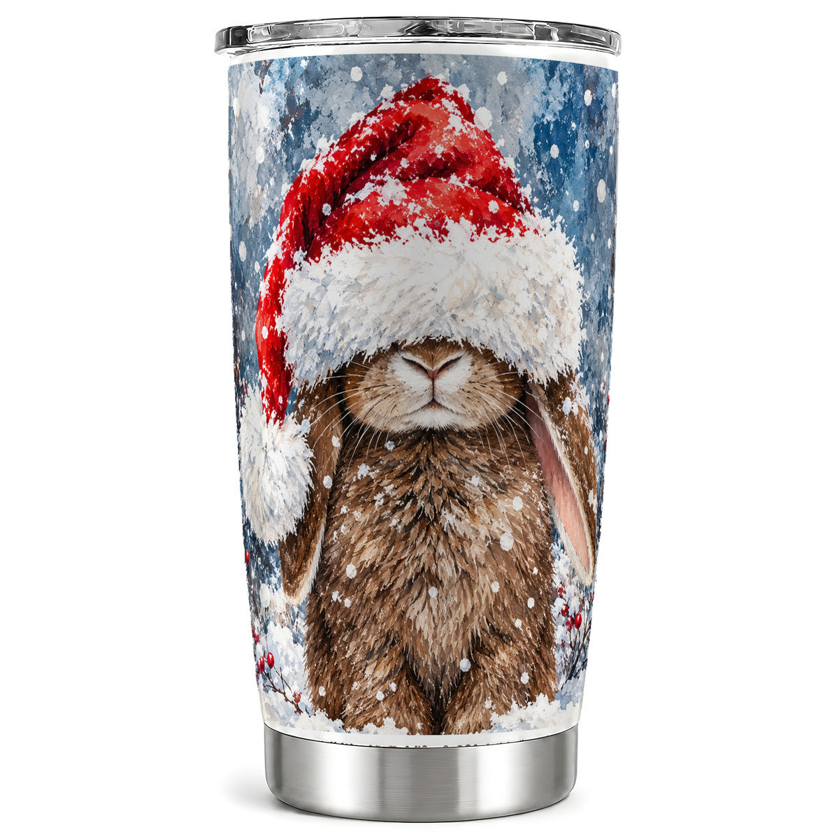 Snowy Bunny Tumbler 20oz, Santa Hat Tumbler, Stainless Steel Travel Cup