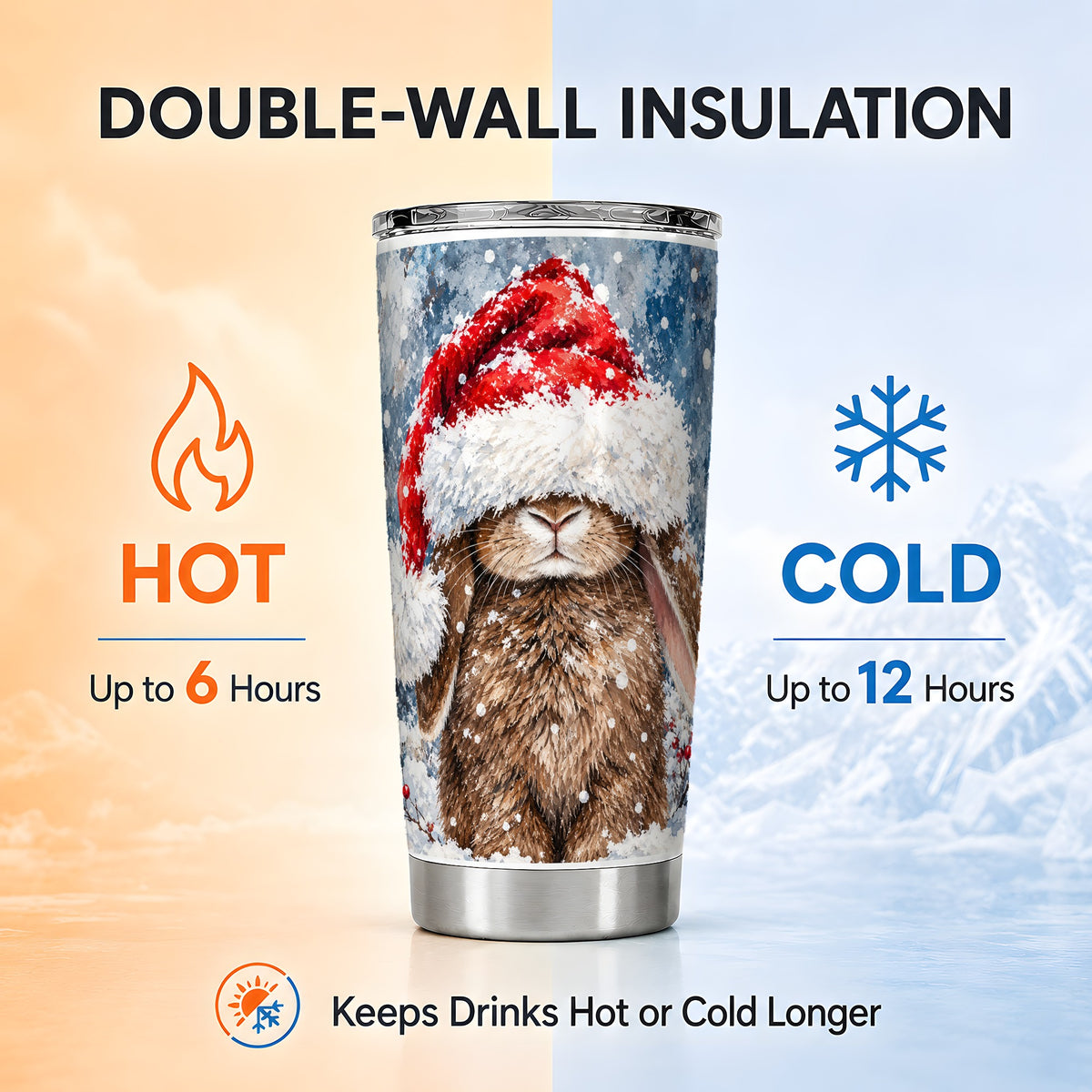 Snowy Bunny Tumbler 20oz, Santa Hat Tumbler, Stainless Steel Travel Cup