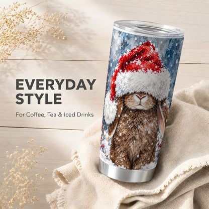 Snowy Bunny Tumbler 20oz, Santa Hat Tumbler, Stainless Steel Travel Cup