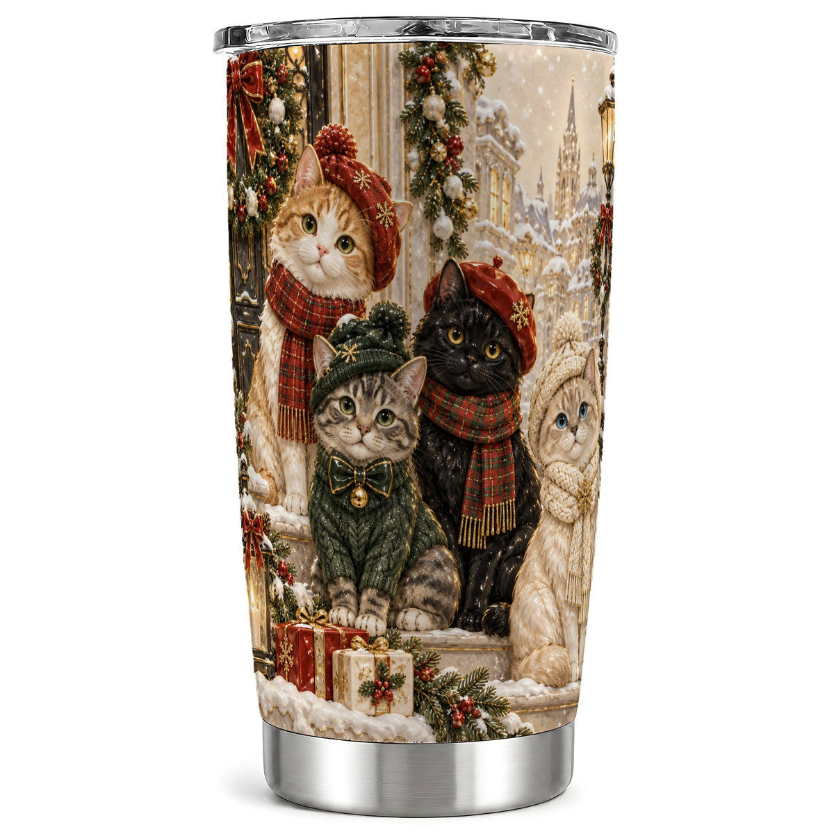 Festive Cats Tumbler 20oz, Cat Group Tumbler, Stainless Steel Travel Cup
