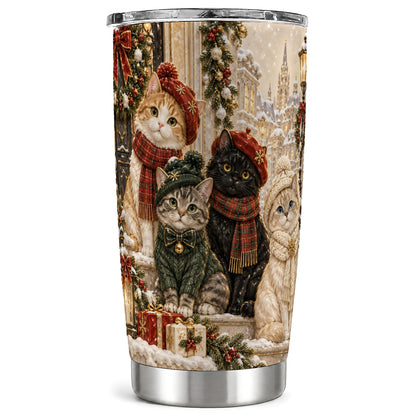 Festive Cats Tumbler 20oz, Cat Group Tumbler, Stainless Steel Travel Cup