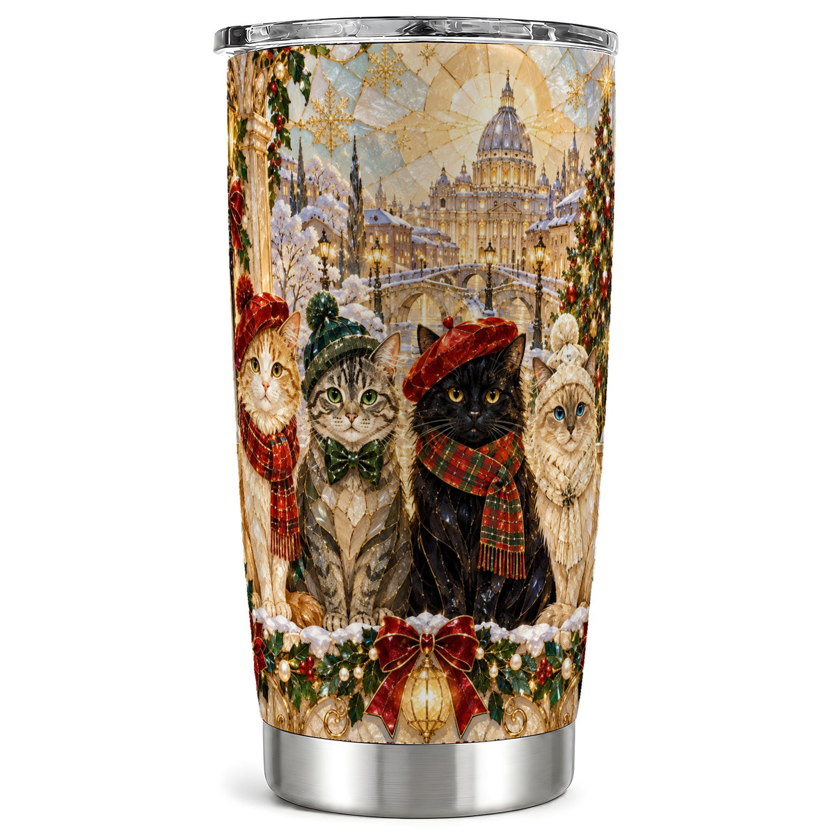 Stained Glass Cats Tumbler 20oz, Cat Tumbler, Stainless Steel Travel Cup
