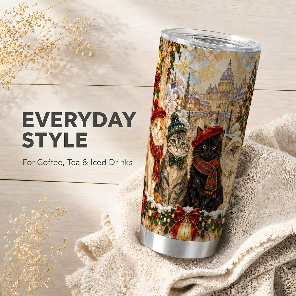 Stained Glass Cats Tumbler 20oz, Cat Tumbler, Stainless Steel Travel Cup