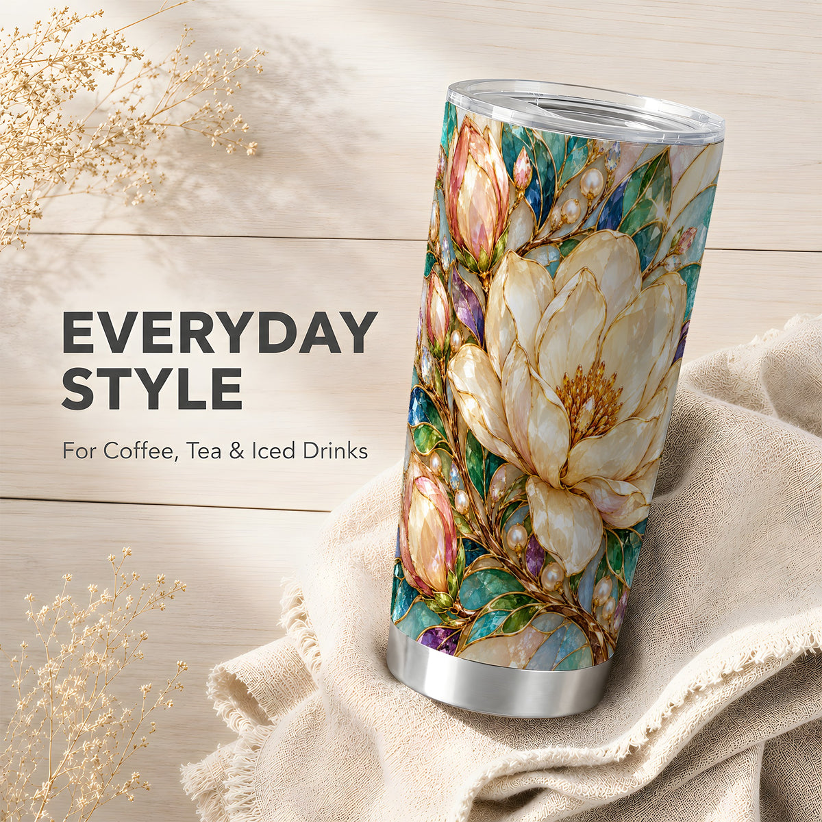 Pearl Floral Tumbler 20oz, Blossom Tumbler, Stainless Steel Travel Cup