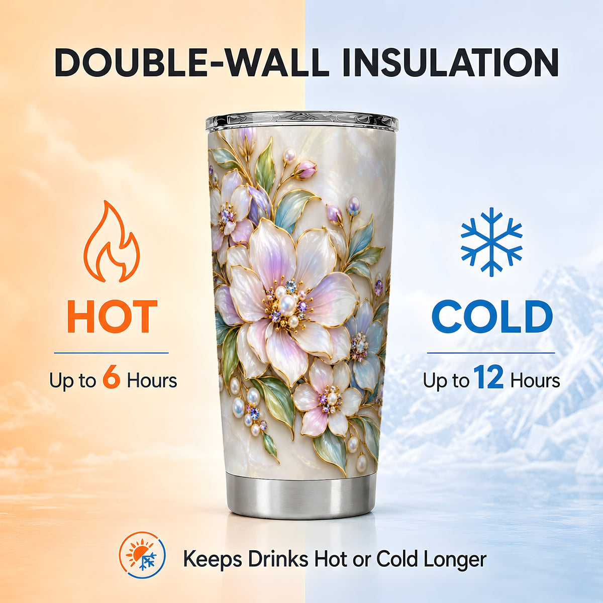 Pastel Floral Tumbler 20oz, Pearl Tumbler, Stainless Steel Travel Cup