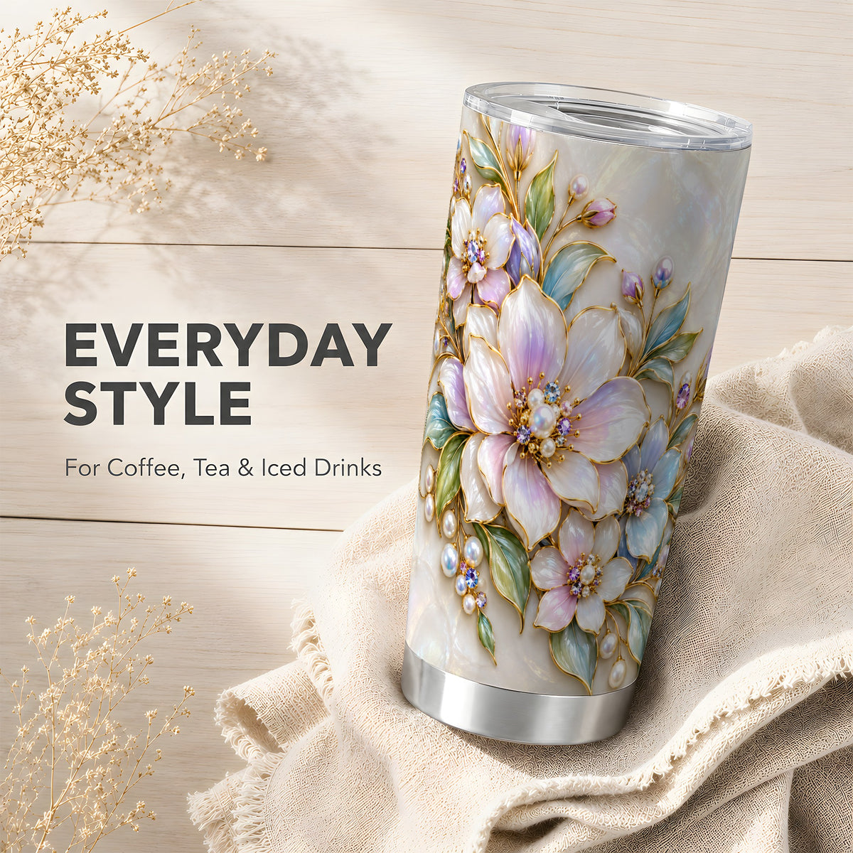 Pastel Floral Tumbler 20oz, Pearl Tumbler, Stainless Steel Travel Cup