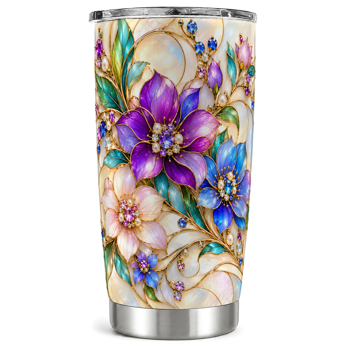 Gem Floral Tumbler 20oz, Colorful Tumbler, Stainless Steel Travel Cup