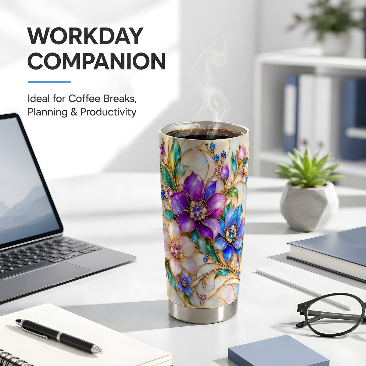 Gem Floral Tumbler 20oz, Colorful Tumbler, Stainless Steel Travel Cup