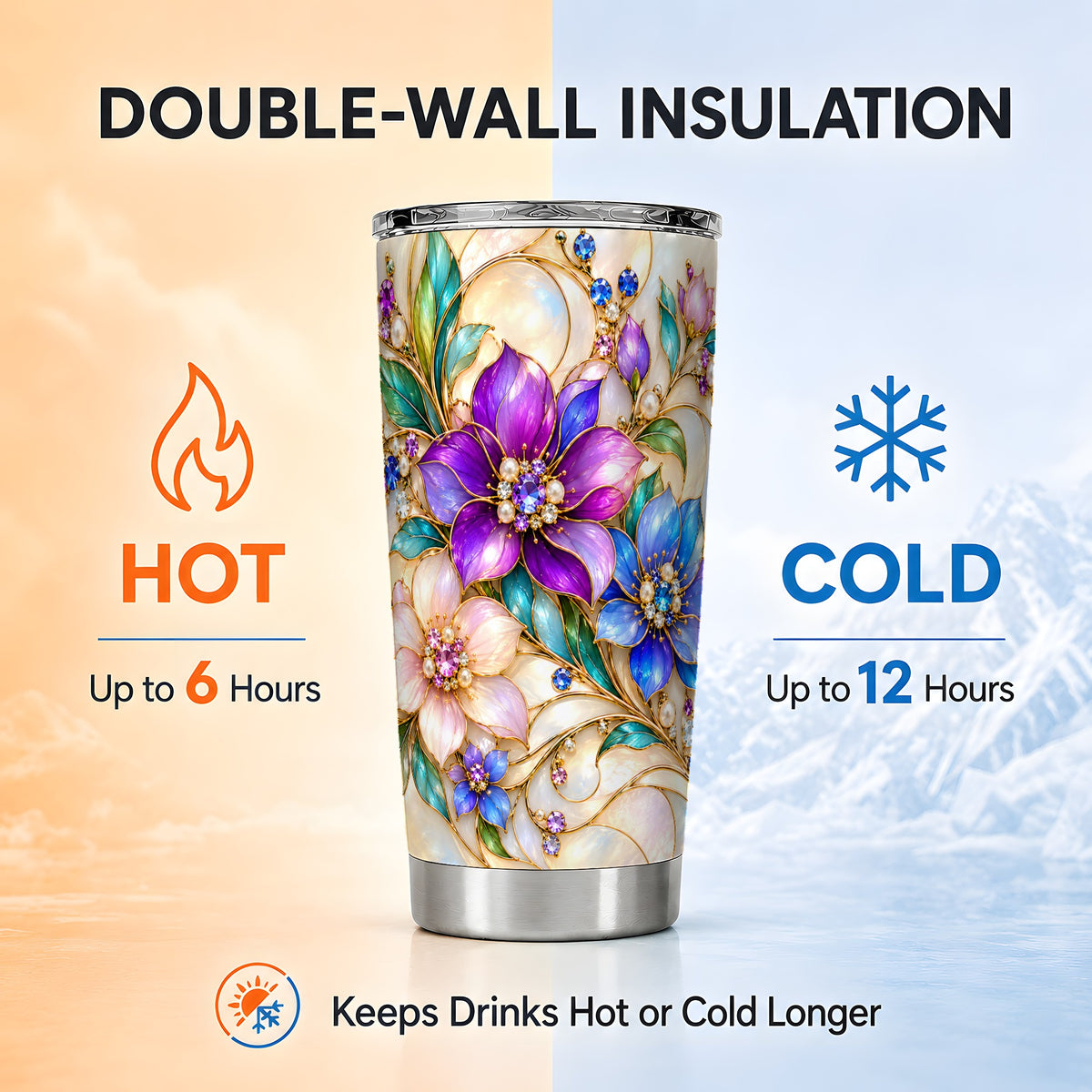 Gem Floral Tumbler 20oz, Colorful Tumbler, Stainless Steel Travel Cup