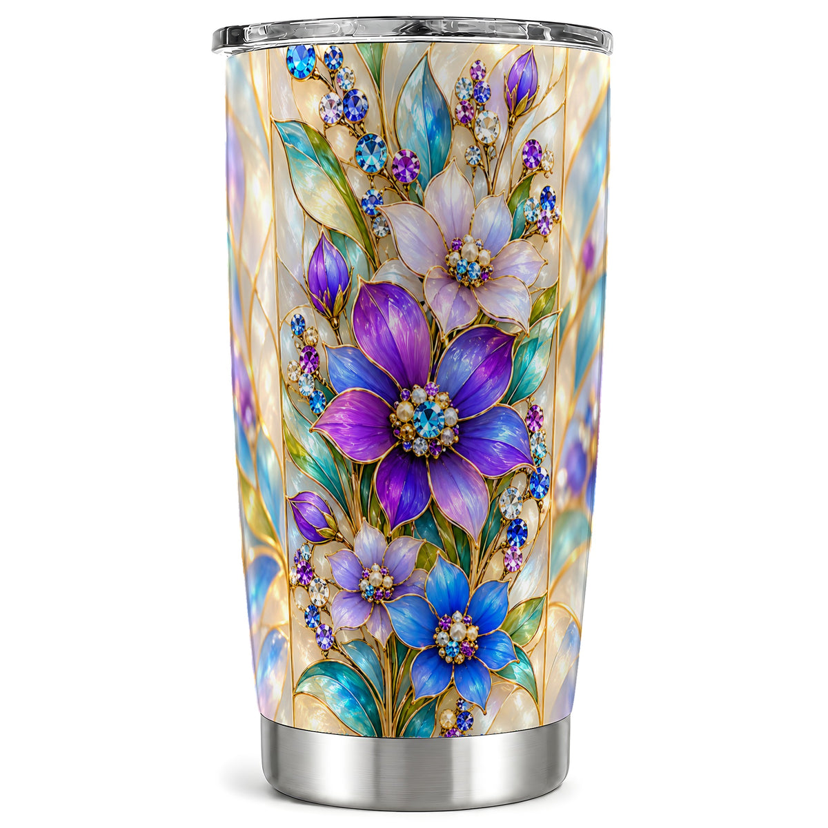 Purple Floral Tumbler 20oz, Jeweled Tumbler, Stainless Steel Travel Cup