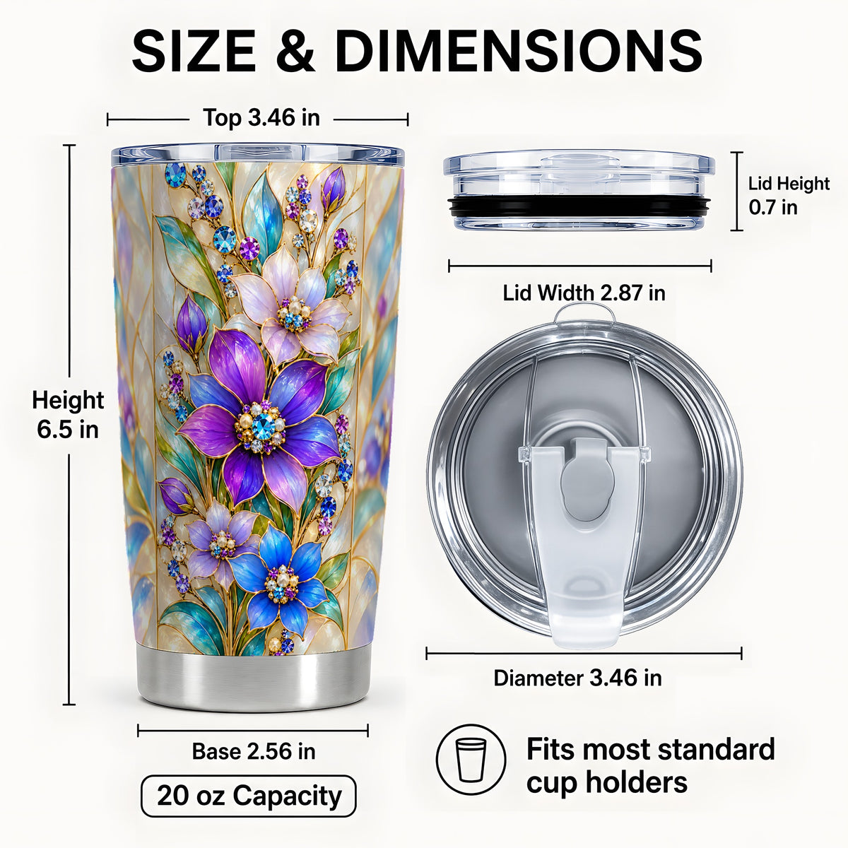 #pl[20oz|Steel] Purple Floral Tumbler 20oz, Jeweled Tumbler, Stainless Steel Travel Cup