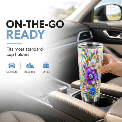 Purple Floral Tumbler 20oz, Jeweled Tumbler, Stainless Steel Travel Cup