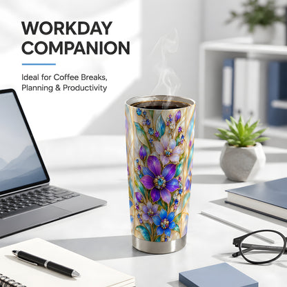 Purple Floral Tumbler 20oz, Jeweled Tumbler, Stainless Steel Travel Cup
