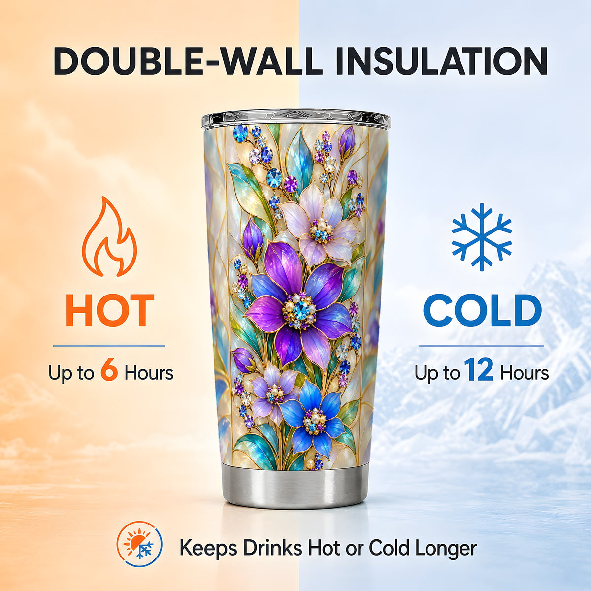 Purple Floral Tumbler 20oz, Jeweled Tumbler, Stainless Steel Travel Cup
