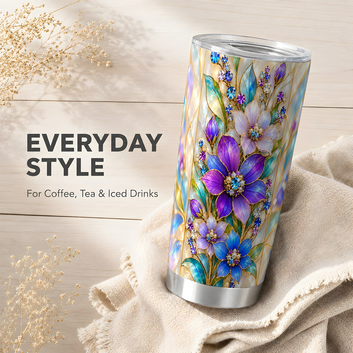 Purple Floral Tumbler 20oz, Jeweled Tumbler, Stainless Steel Travel Cup