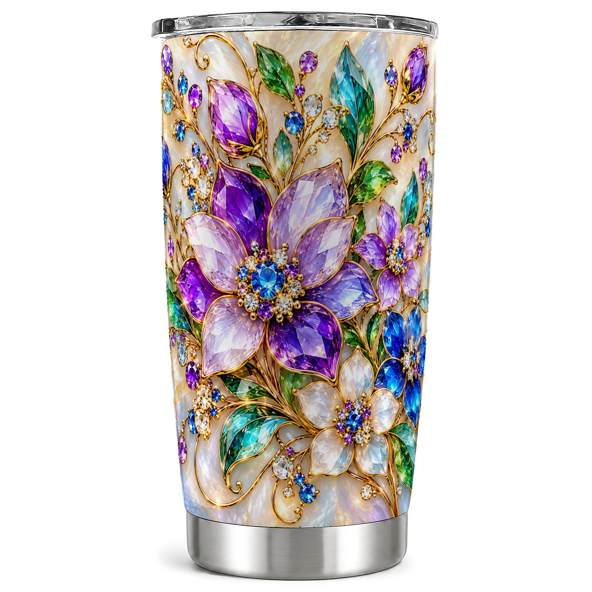 Gemstone Floral Tumbler 20oz, Jeweled Flower Stainless Steel Travel Cup