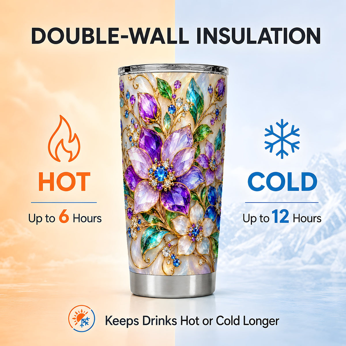 Gemstone Floral Tumbler 20oz, Jeweled Flower Stainless Steel Travel Cup