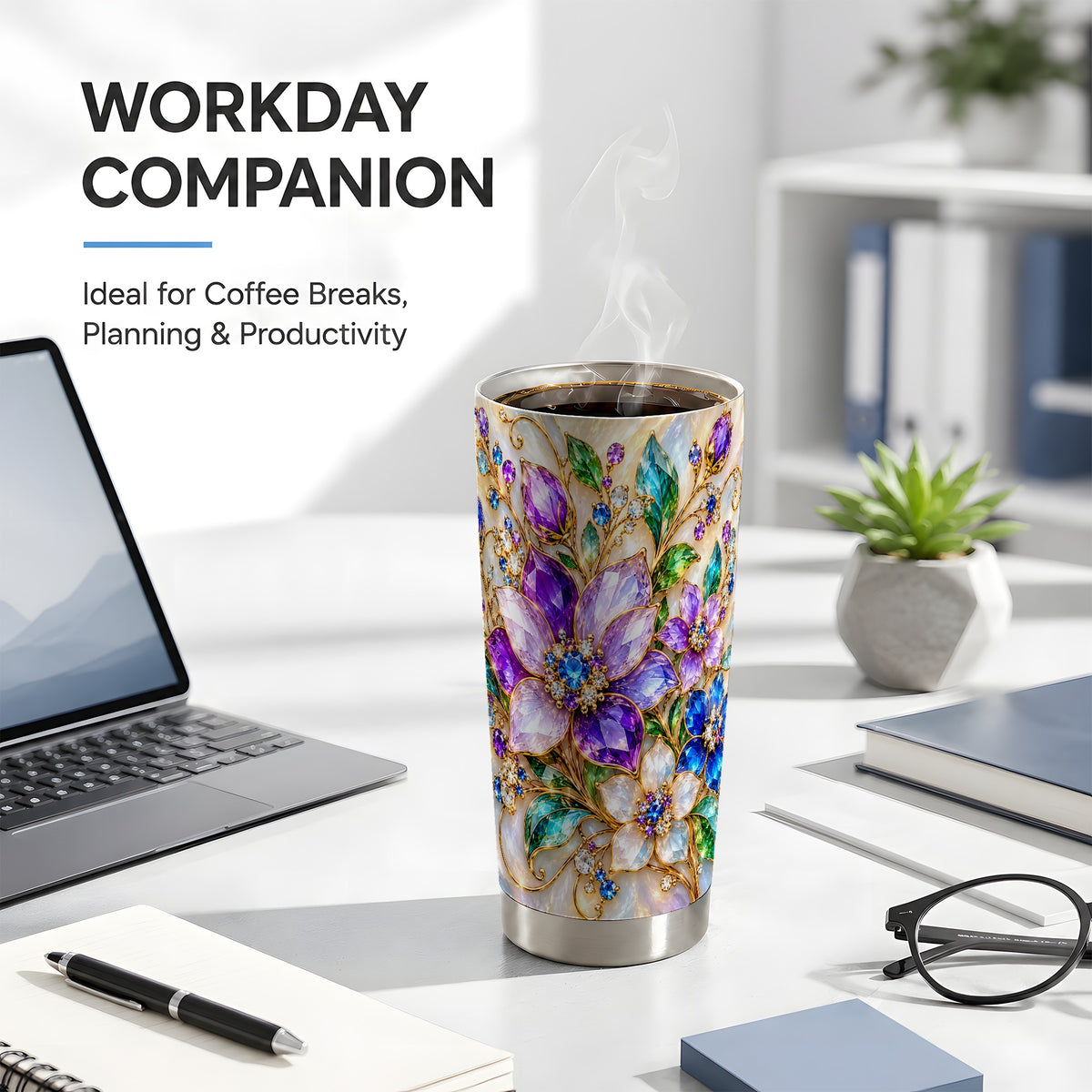Gemstone Floral Tumbler 20oz, Jeweled Flower Stainless Steel Travel Cup