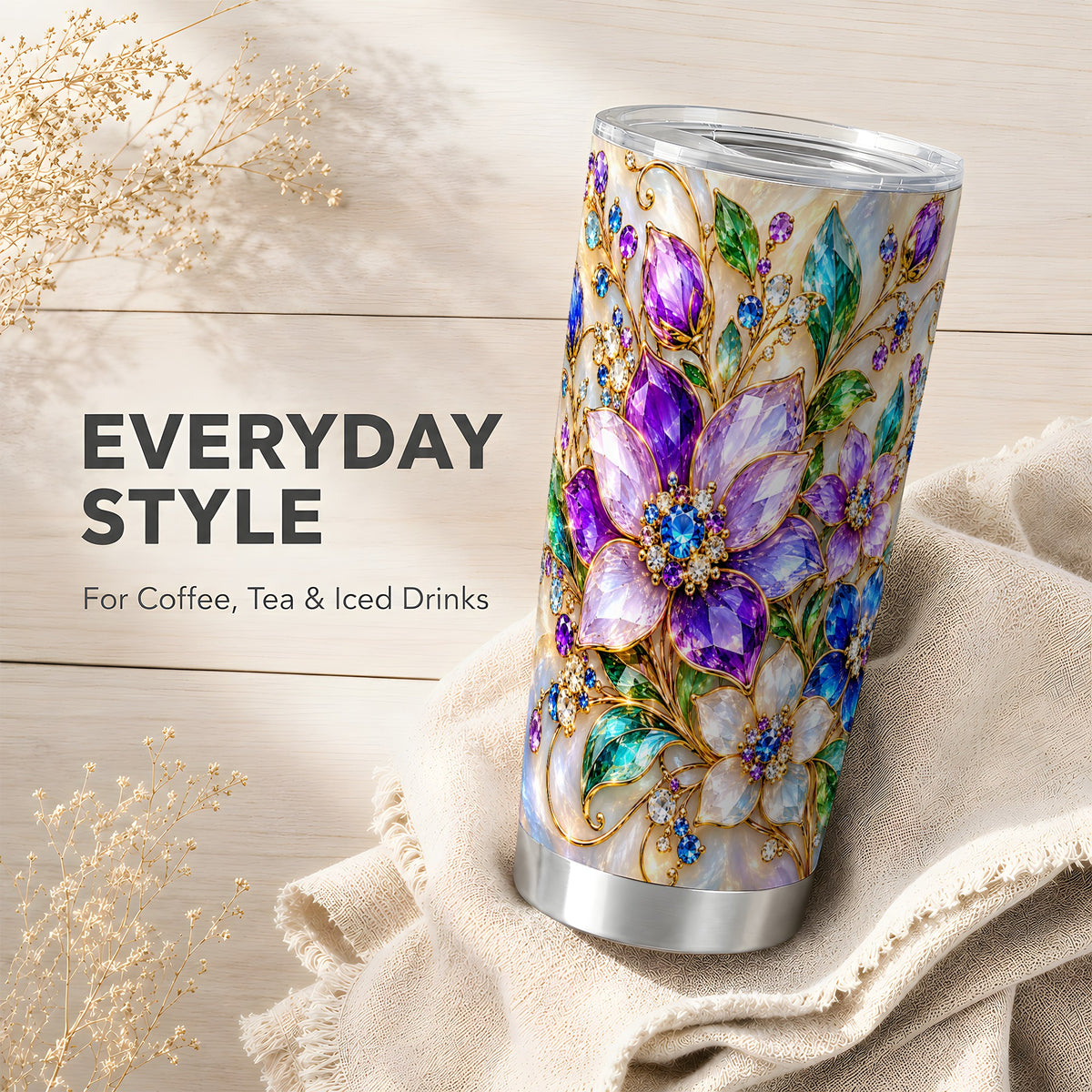 Gemstone Floral Tumbler 20oz, Jeweled Flower Stainless Steel Travel Cup