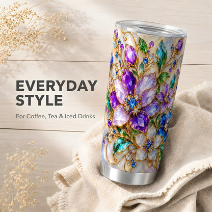Gemstone Floral Tumbler 20oz, Jeweled Flower Stainless Steel Travel Cup