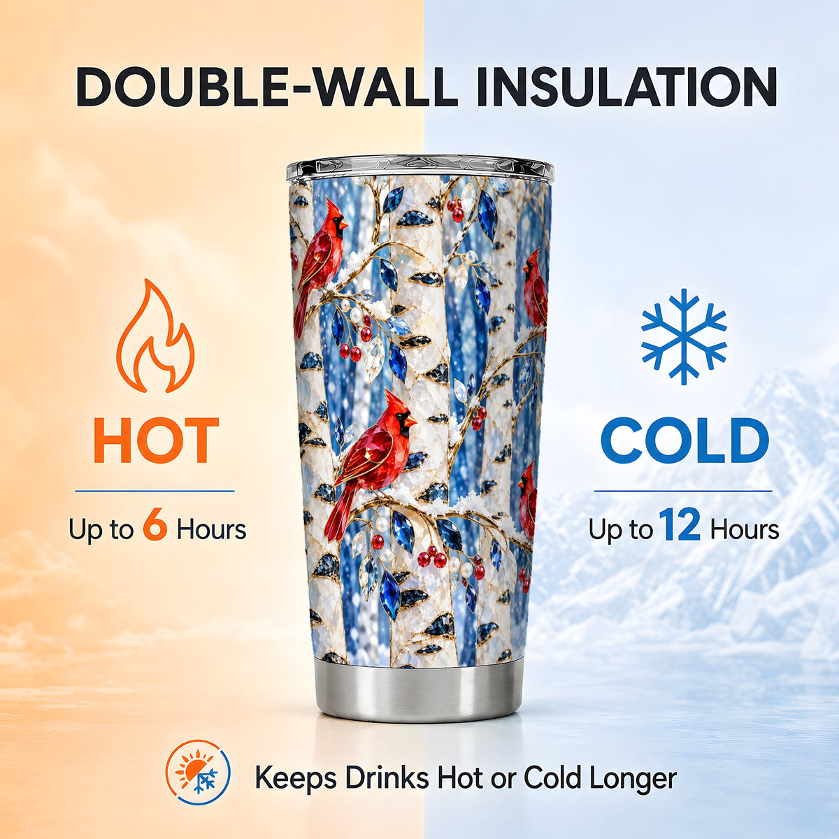 Winter Cardinal Tumbler 20oz, Birch Forest Stainless Steel Travel Cup