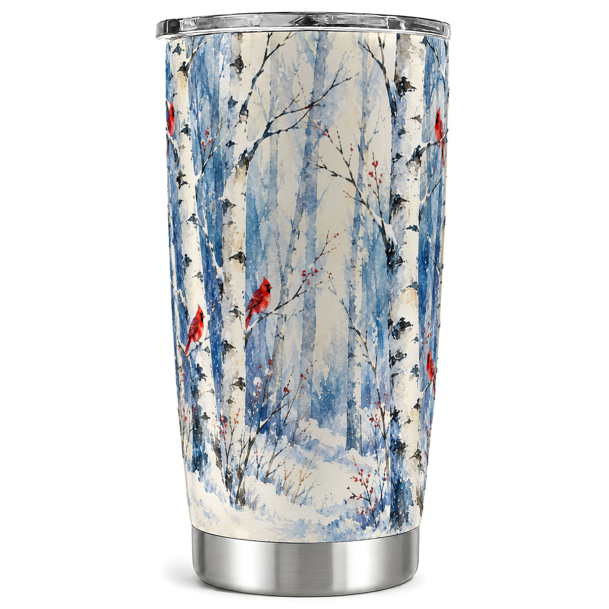 Watercolor Cardinal Tumbler 20oz, Winter Birch Stainless Steel Travel Cup