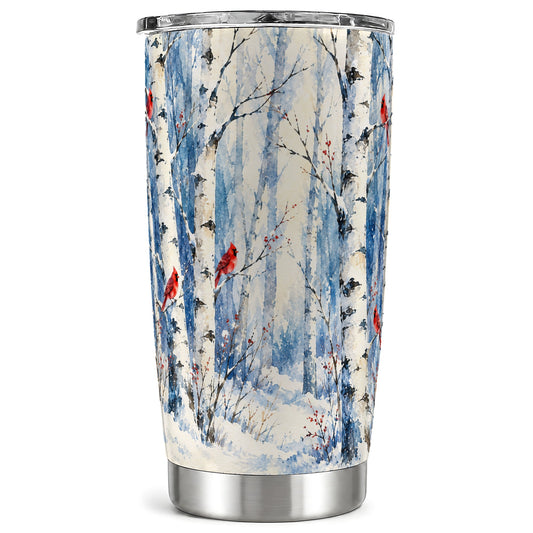 Watercolor Cardinal Tumbler 20oz, Winter Birch Stainless Steel Travel Cup