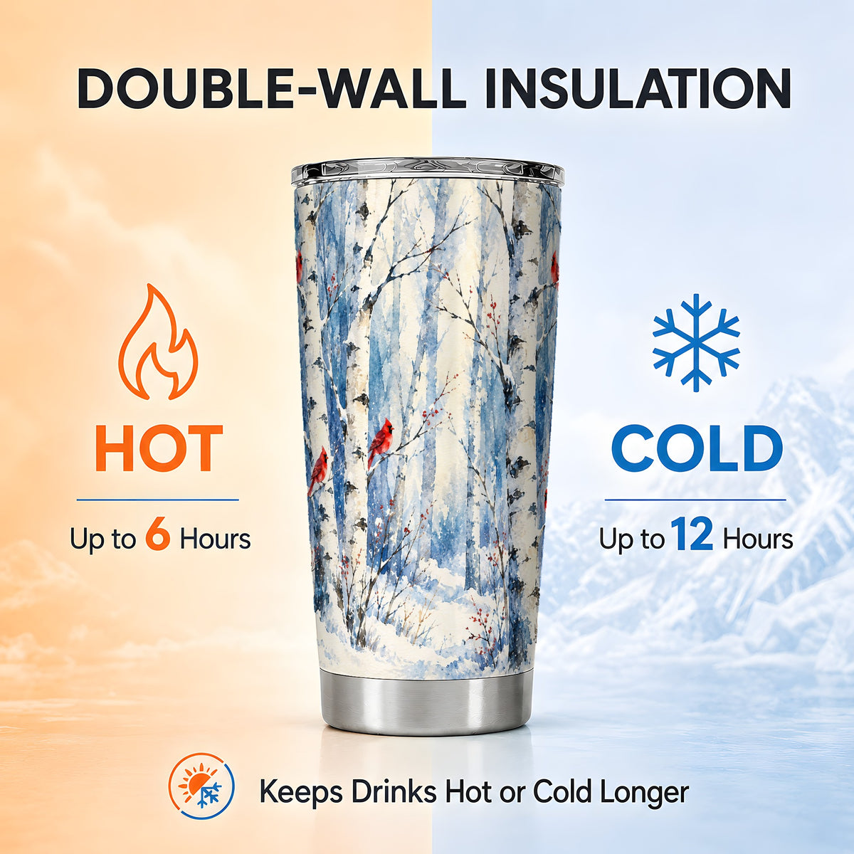 Watercolor Cardinal Tumbler 20oz, Winter Birch Stainless Steel Travel Cup