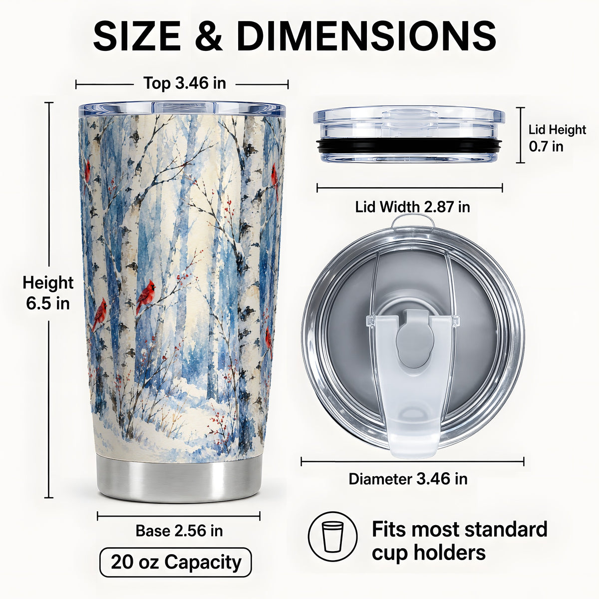 #pl[20oz|Steel] Watercolor Cardinal Tumbler 20oz, Winter Birch Stainless Steel Travel Cup