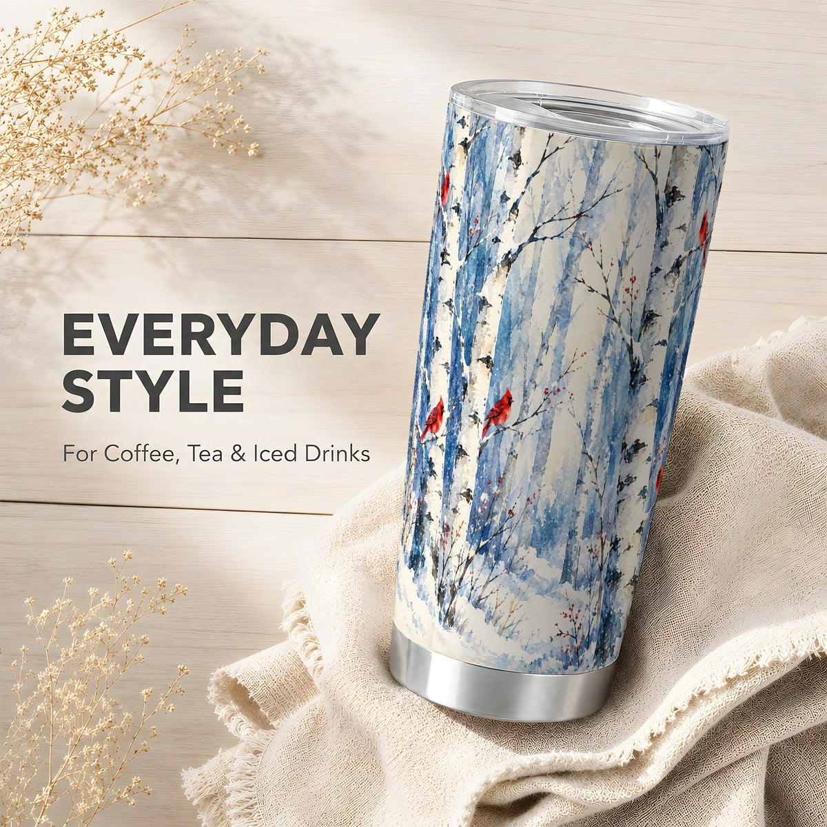 Watercolor Cardinal Tumbler 20oz, Winter Birch Stainless Steel Travel Cup