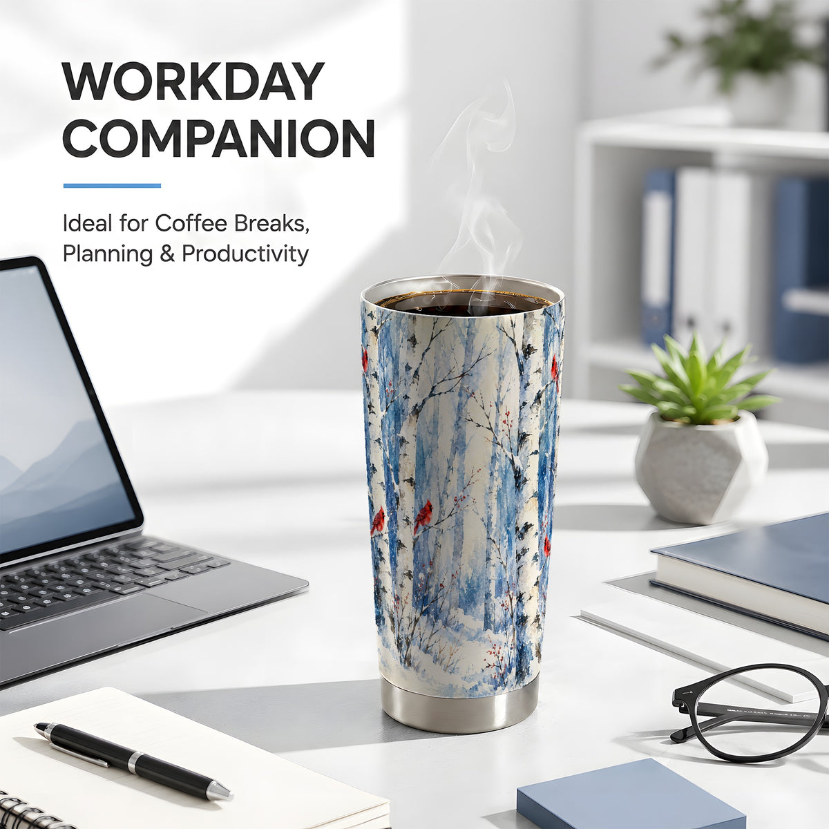 Watercolor Cardinal Tumbler 20oz, Winter Birch Stainless Steel Travel Cup