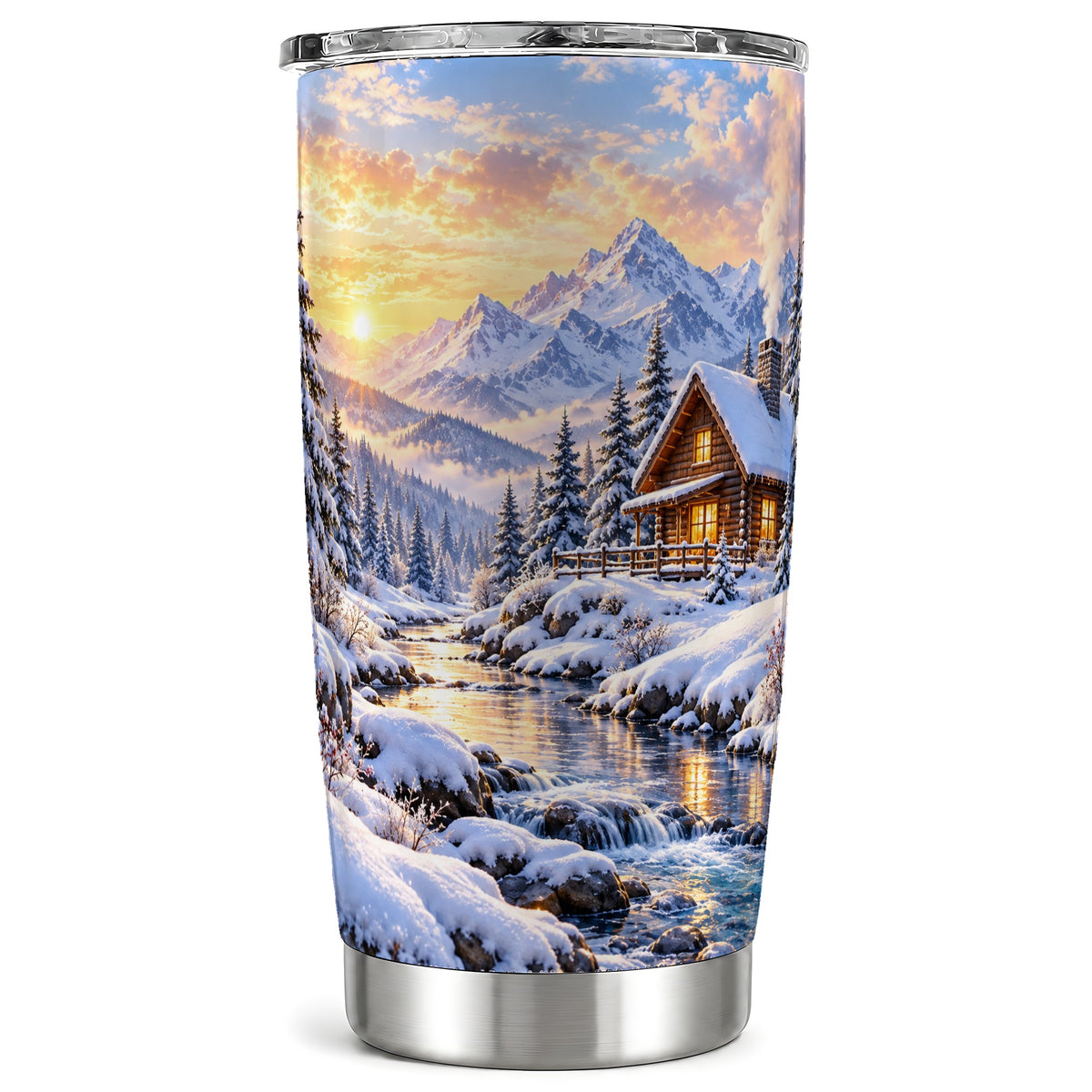 Snowy Cabin Tumbler 20oz, Mountain Winter Stainless Steel Travel Cup