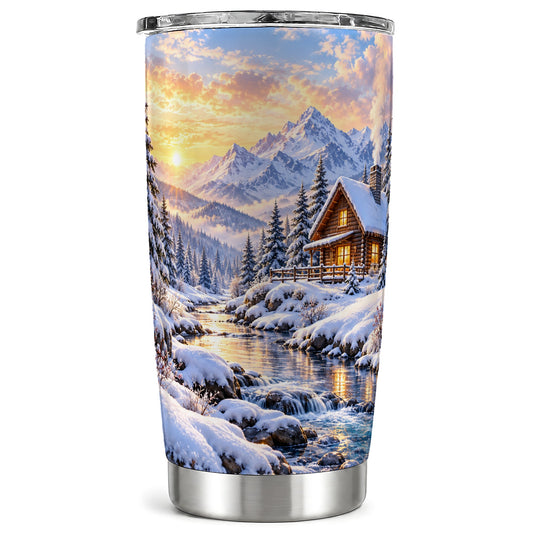 Snowy Cabin Tumbler 20oz, Mountain Winter Stainless Steel Travel Cup