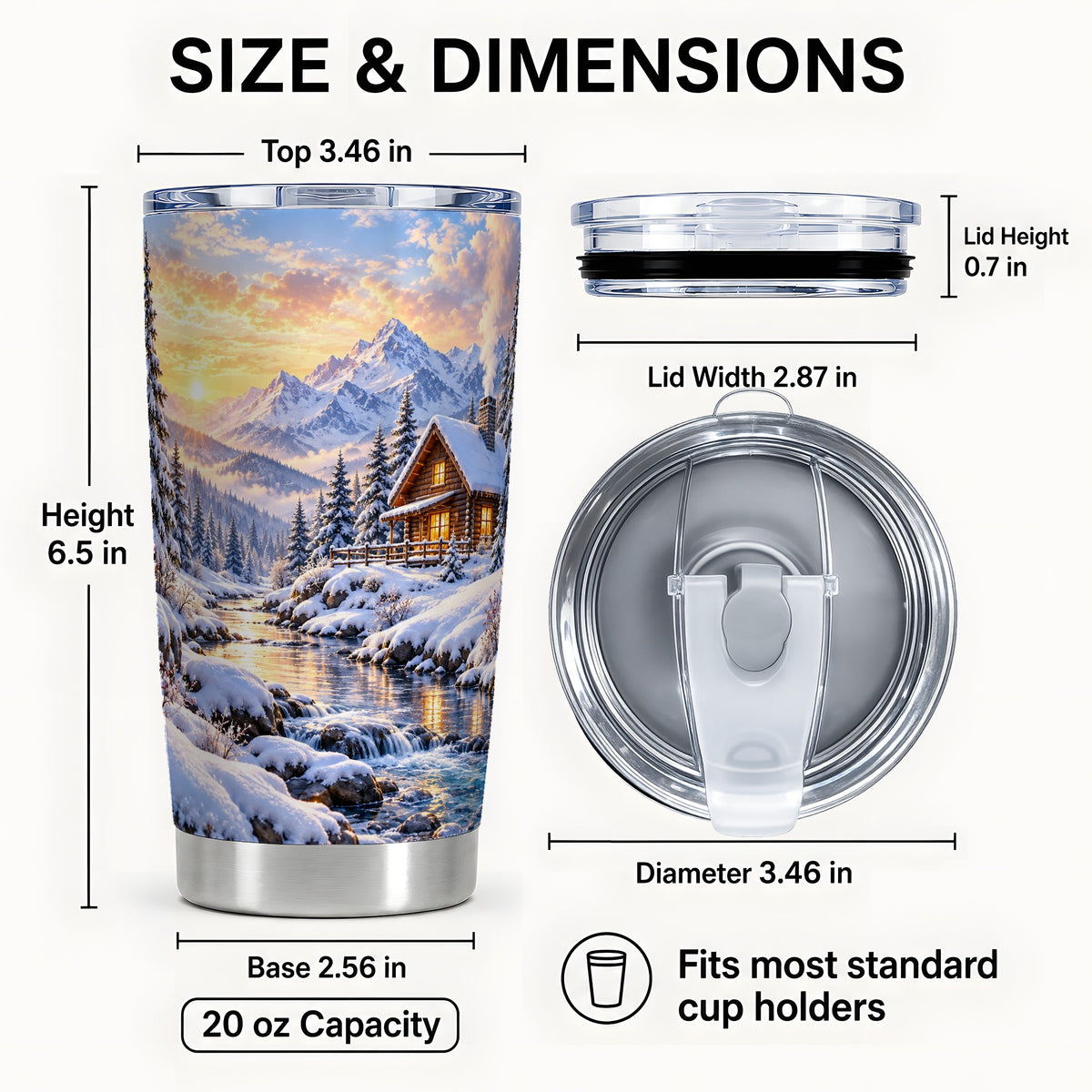 #pl[20oz|Steel] Snowy Cabin Tumbler 20oz, Mountain Winter Stainless Steel Travel Cup