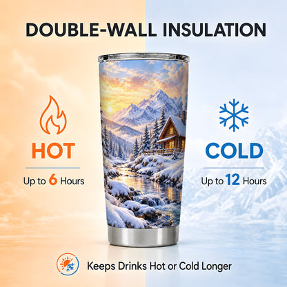 Snowy Cabin Tumbler 20oz, Mountain Winter Stainless Steel Travel Cup