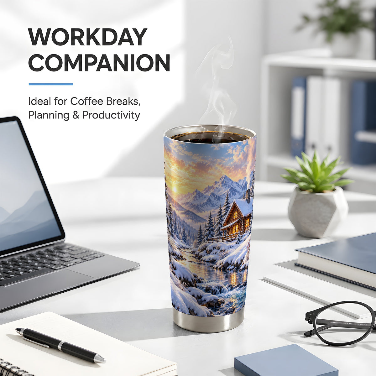 Snowy Cabin Tumbler 20oz, Mountain Winter Stainless Steel Travel Cup