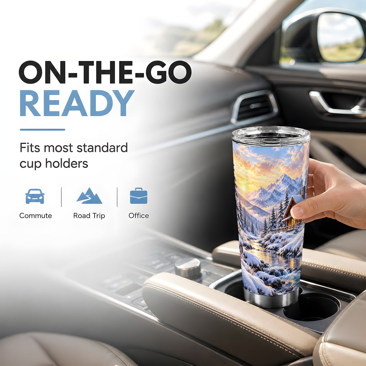 Snowy Cabin Tumbler 20oz, Mountain Winter Stainless Steel Travel Cup