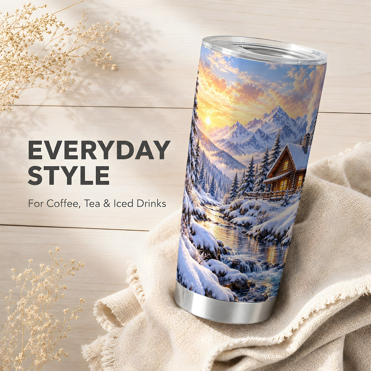 Snowy Cabin Tumbler 20oz, Mountain Winter Stainless Steel Travel Cup