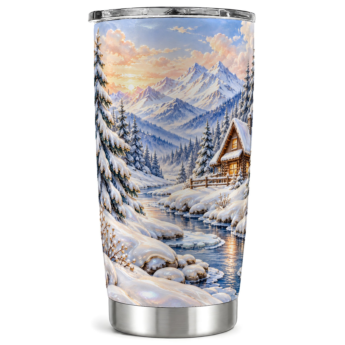 Winter Cabin Tumbler 20oz, Snowy Mountain Stainless Steel Travel Cup