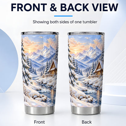 #pl[20oz|Steel] Winter Cabin Tumbler 20oz, Snowy Mountain Stainless Steel Travel Cup