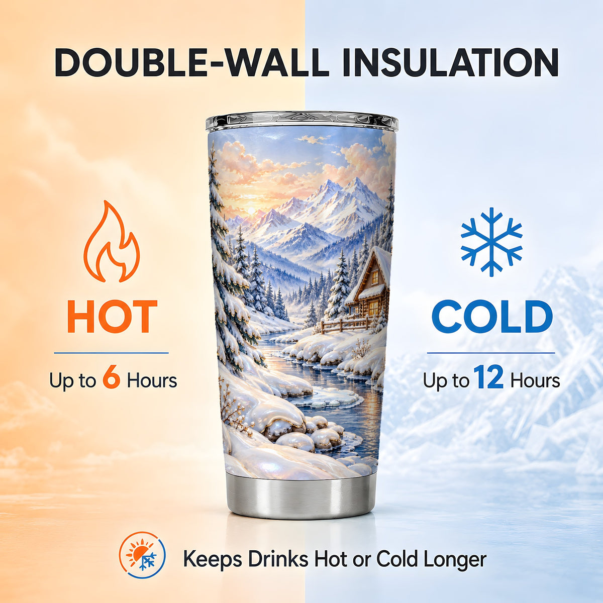 Winter Cabin Tumbler 20oz, Snowy Mountain Stainless Steel Travel Cup