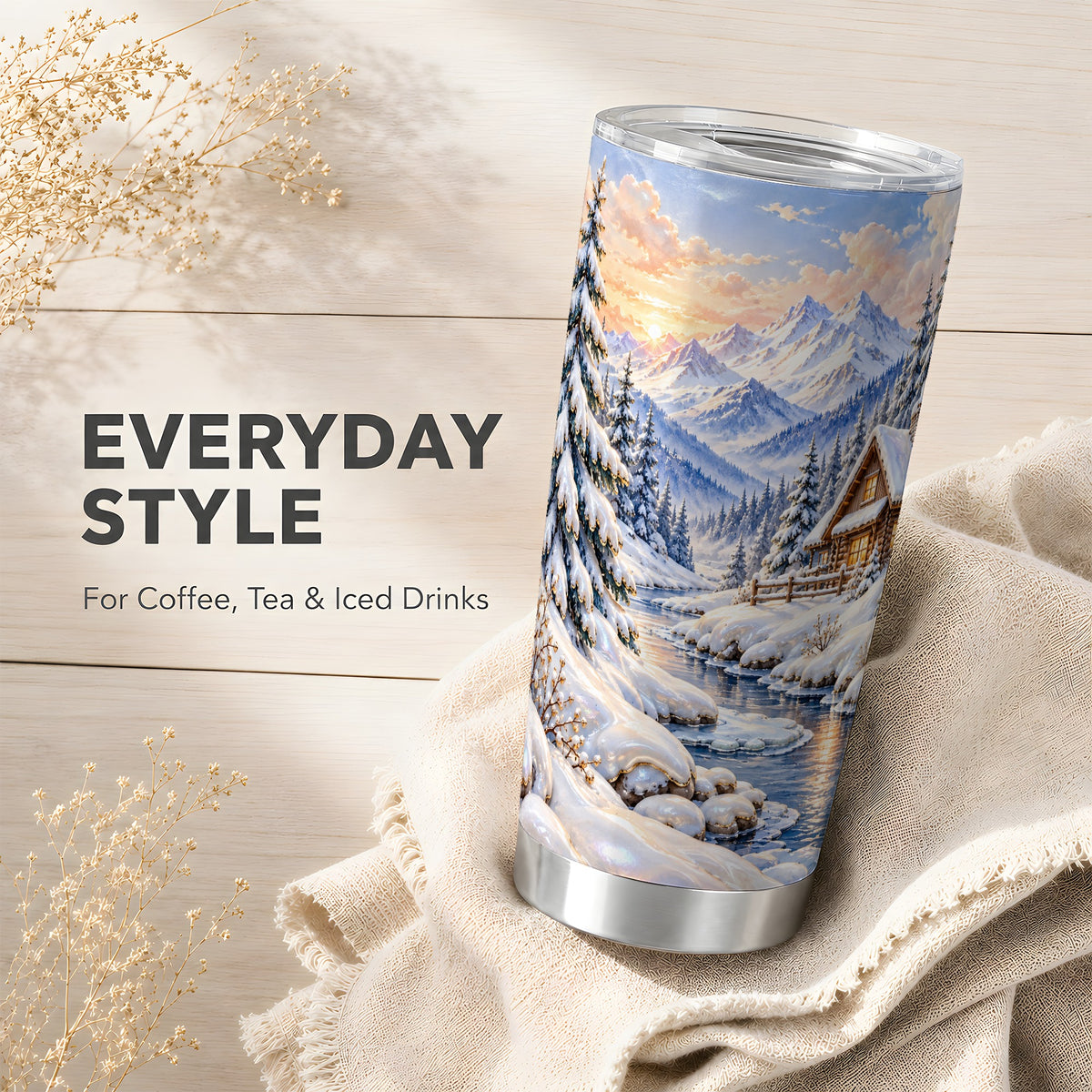 Winter Cabin Tumbler 20oz, Snowy Mountain Stainless Steel Travel Cup