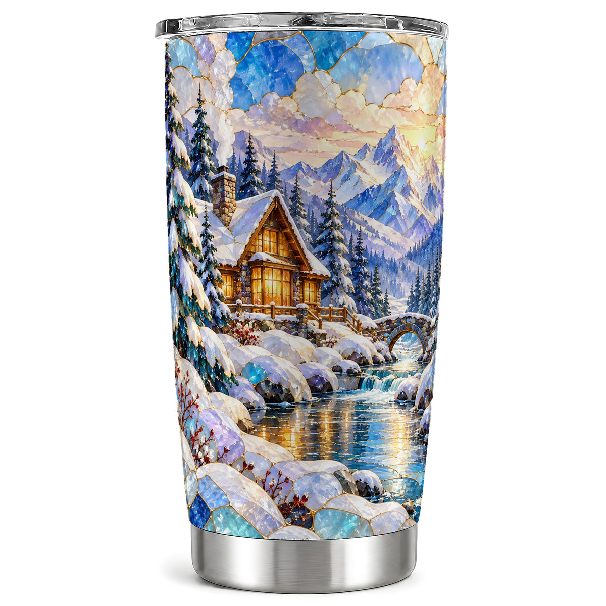 Snowy Cabin Tumbler 20oz, Winter Scene Tumbler, Steel Travel Cup