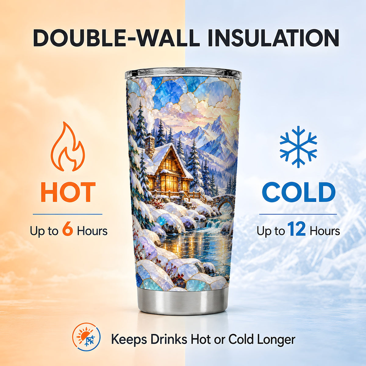 Snowy Cabin Tumbler 20oz, Winter Scene Tumbler, Steel Travel Cup