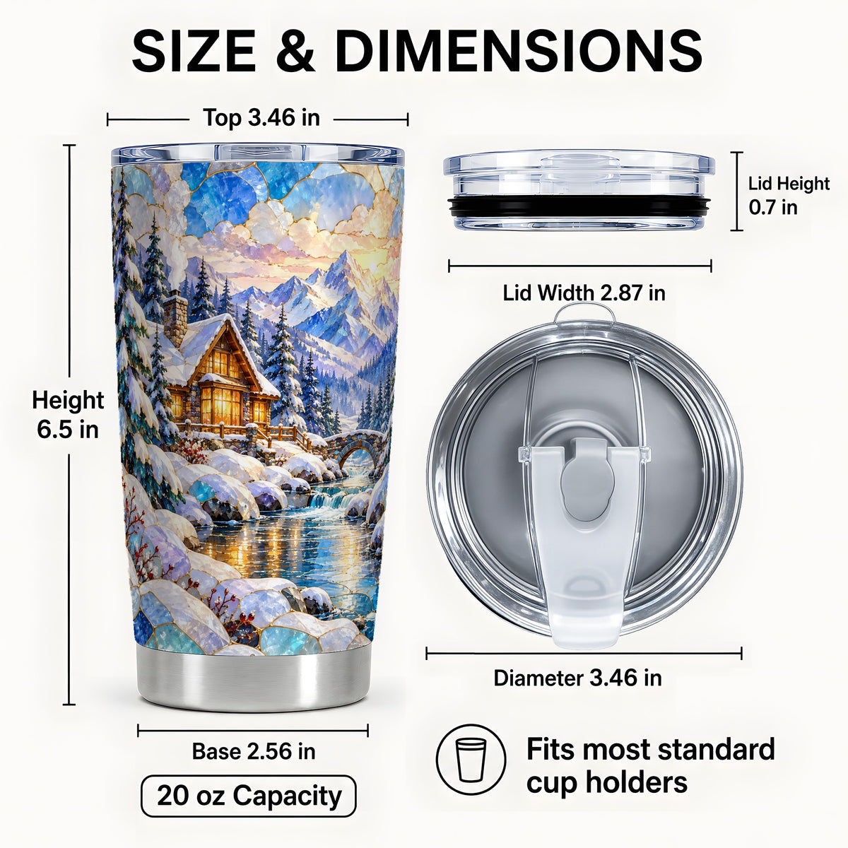 #pl[20oz|Steel] Snowy Cabin Tumbler 20oz, Winter Scene Tumbler, Steel Travel Cup