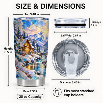 #pl[20oz|Steel] Snowy Cabin Tumbler 20oz, Winter Scene Tumbler, Steel Travel Cup